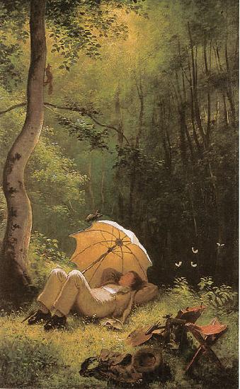 Carl Spitzweg Der Maler auf einer Waldlichtung, unter einem Schirm liegend Norge oil painting art